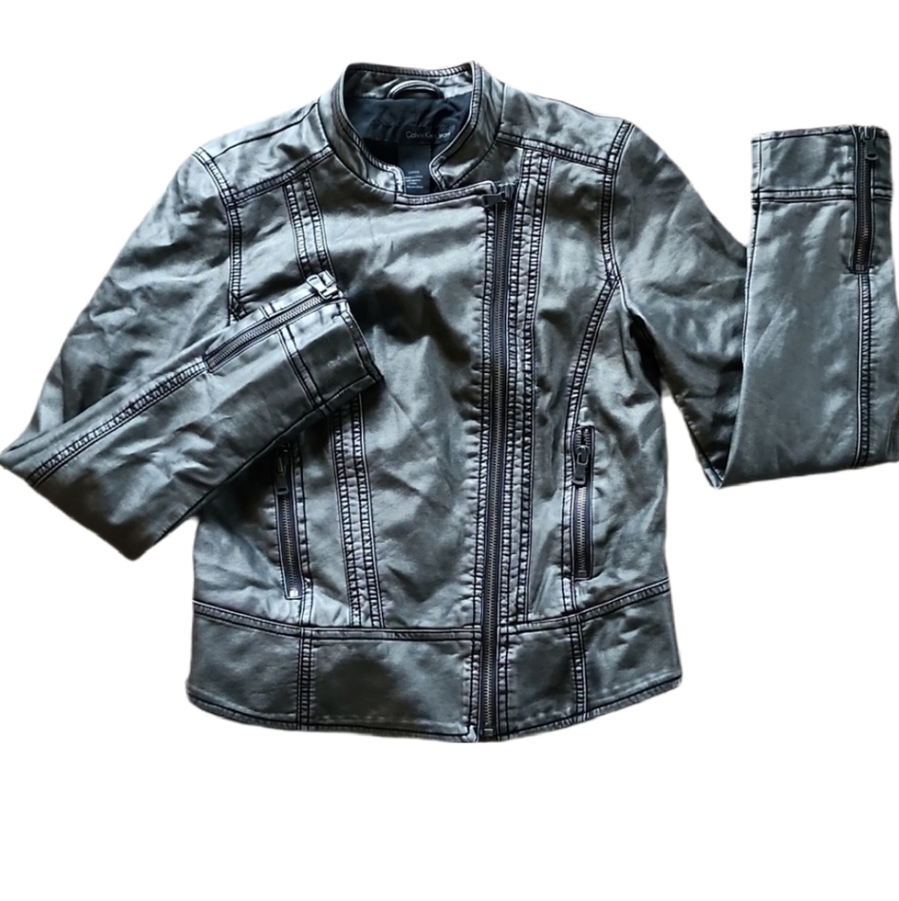 Calvin Klein vegan leather jacket gun metal small moto cropped like new
